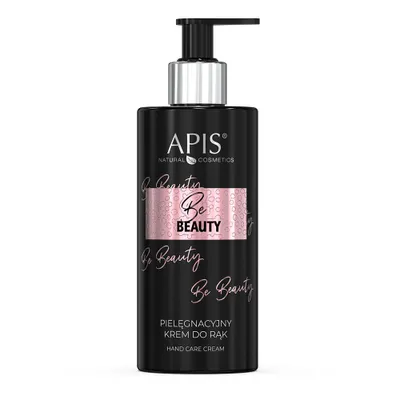 A black pump bottle of hand cream with pink and silver accents, set against a white background.
