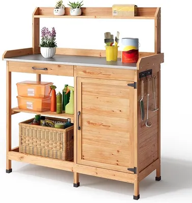 Imagen del producto de Mesa de jardinería, mesa para plantas con cajones y armario inferior, mesa de trabajo para jardín de madera con superficie de trabajo galvanizada, ideal para jardín, balcón o terraza, dimensiones: 112 x 46 x 125 cm, color natural