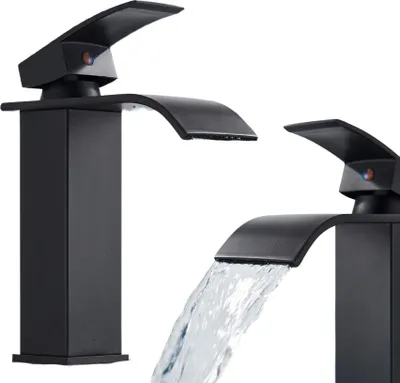 Immagine prodotto di Rubinetto lavabo bagno Ari Waterfall nero opaco, miscelatore da appoggio in ottone, beccuccio a cascata, cartuccia Vetroceramica