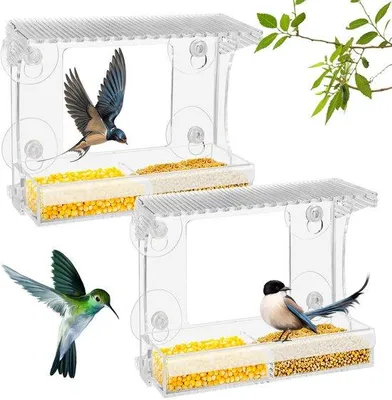 Image de Lot de 2 mangeoires, mangeoire transparente avec ventouses, mangeoire en acrylique pour mésanges, souris et oiseaux sauvages, 18,4 x 14,5 x 8 cm
