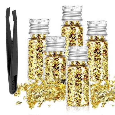 Immagine prodotto di Scaglie di foglia d'oro, 5 flaconi con pinzetta, ideali per lavori di artigianato e decorazioni