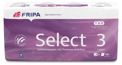 Immagine prodotto di Fripa 1030808 Carta igienica Select - 3 veli, TAE, goffrata, bianco brillante, 8 rotoli da 180 fogli ciascuno