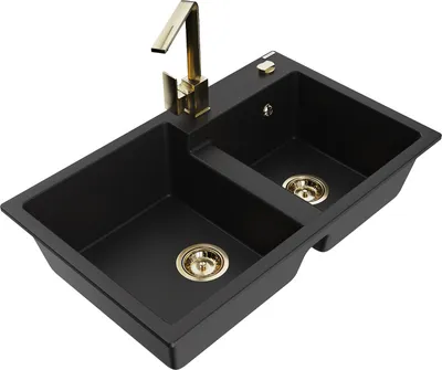 Produktbild von Mexen Tomas 2-Becken-Granitspüle mit Mischbatterie Rita, Schwarz - 6516-77-670300-50