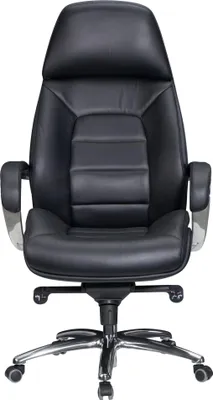 A black leather executive office chair is shown from the front against a white background.