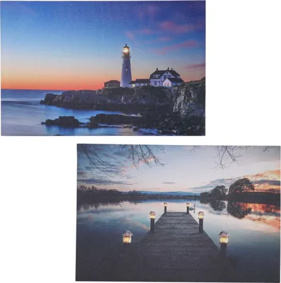 Produktbild von 2er-Set LED-Bild, Leinwandbild Leuchtbild Wandbild 40x60cm, Timer Lighthouse