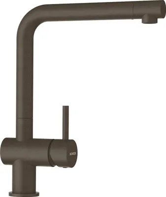 A studio shot of a bronze kitchen faucet against a white background.