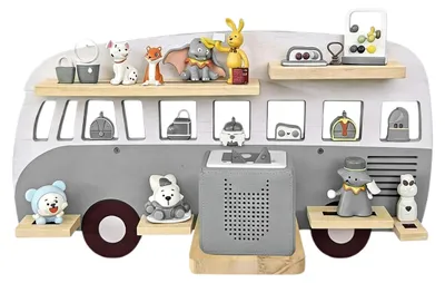 Obrázok produktu pre Relaxdays Toniebox regál, magnetický, pre prehrávač audiokníh a 25 Tonies, autobus, VxŠxH: 32x62x13 cm, regál na figúrky Tonies, sivý