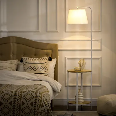 Image de Lampadaire avec 2 étagères en bambou, interrupteur au pied, abat-jour en lin, pied en acier blanc naturel | 43 x 39,5 x 162 cm | E27 40 W | 5,2 kg