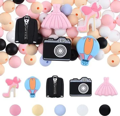 Produktbild von 20 Stück Silikonperlen mit Hochzeits-Thema - Kleid mit hohen Absätzen Entwurf - unregelmäßige Spacer-Perle für DIY-Armreifen - Hochzeitsgeschenke