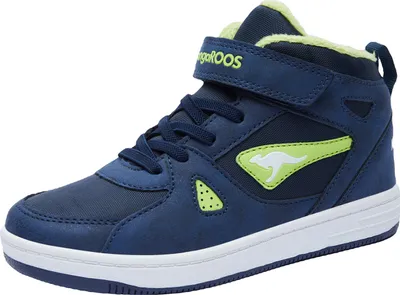 A single blue high-top sneaker with green accents and white sole is shown against a white background.