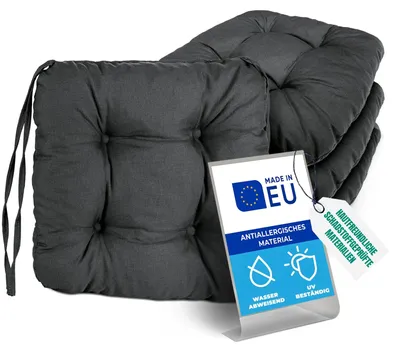 Zdjęcie produktu dla Pillows24 - 4x Poduszka do siedzenia na zewnątrz 40x40 - bardzo gruba 8 cm - wodoodporna i odporna na promieniowanie UV + paski | Wygodna poduszka na krzesło ogrodowe (grafitowa)