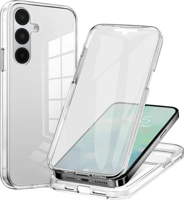 A transparent phone case is shown in two configurations: one enclosing a smartphone, and another separate case. The phone case is clear and shows the phone's screen.