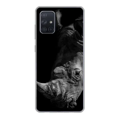 Produktbild von MuchoWow® Handyhülle Schutzhülle Hülle für Samsung Galaxy A51 Nahaufnahme eines Nashorns auf schwarzem Hintergrund Silikon Softcase Handy Hülle - Schutzabdeckung