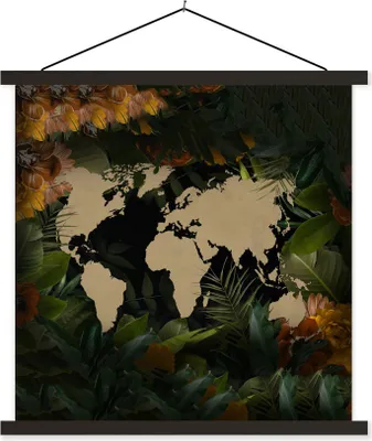 Produktbild von MuchoWow® Textilposter Weltkarte - Einfach - Blumen 60x60 cm mit schwarzem Rahmen - Posteraufhänger