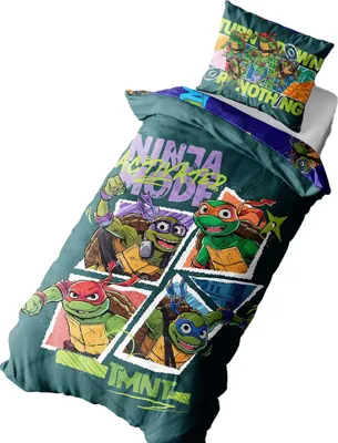 A Teenage Mutant Ninja Turtles themed duvet cover and pillow set displayed on a white background.