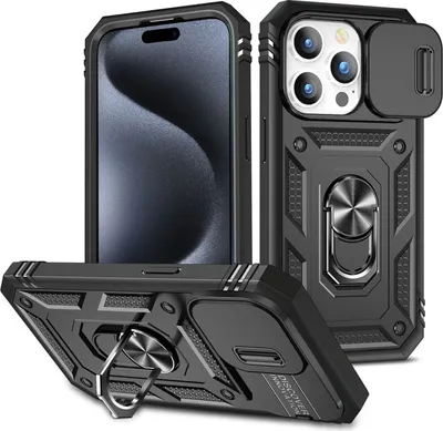 Produktbild von iPhone 15 Pro Hülle, Schiebe Kamera Schutz Robust Schutzhülle mit Ringhalterung Ständer Kartenhalter für iPhone 15 Pro Schwarz