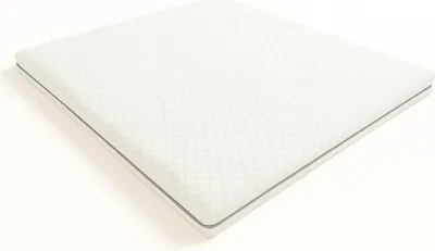 A white mattress topper with a quilted pattern and a gray trim is shown from a diagonal angle against a white background.