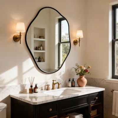 Image de WISFOR Miroir mural, 67,5 x 90 cm. Miroir asymétrique. Grand miroir mural avec cadre en aluminium, miroir décoratif pour couloir, salon ou chambre