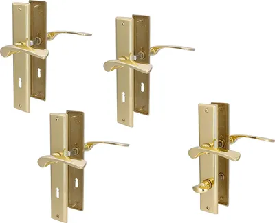 Produktbild von Türbeschlag 4er Set, Messing poliert für 3 x Zimmertüren und 1 x Bad/WC Türe, Türklinke Türgriff Türbeschlag