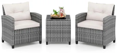 Produktbild von COSTWAY Gartenmöbel Set Polyrattan, 3-tlg. Balkonmöbel inkl. 2 Sessel, Kissen & Tisch mit gehärteter Glasplatte, Sitzgruppe wetterfest 2 Personen