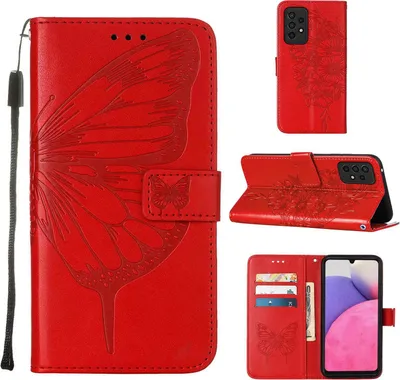 Produktbild von Galaxy A33 5G Hülle, Schmetterling Prägung Flip Leder Kartenfächer Schutzhülle Ledertasche mit Ständer für Samsung Galaxy A33 5G Rot