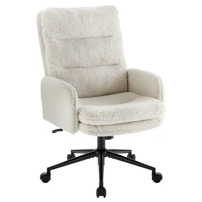 A white fluffy office chair with a black base and wheels, shown from a front-diagonal angle against a white background.