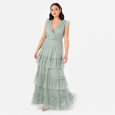 Produktbild von Anaya with Love Damen Maxikleid, Damenkleid, kurze Ärmel, V-Ausschnitt, Wickeldesign, Mehrschichtig, Rüschen
