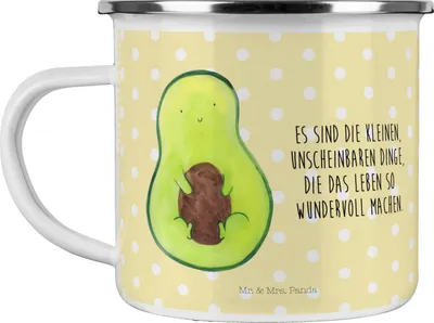 Produktbild von Mr. & Mrs. Panda Emaille Becher Avocado Kern - Gelb Pastell - Geschenk, Pflanze, Tasse, Spruch Leben, Haferl, Wunder, Pott, Teetasse, Liebe, emaillebecher