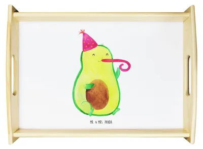 Produktbild von Mr. & Mrs. Panda Holztablett Avocado Feier - Weiß - Geschenk, Tablett, Tröte, Gute Laune, Frühstückstablett, Party, sofatablett, ablagetablett, betttablett, Fete, Servier
