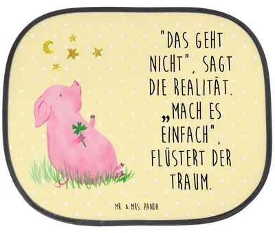 Produktbild von Mr. & Mrs. Panda Sonnenschutz Auto Schwein Glück - Gelb Pastell - Geschenk, Fürs, Ziele, Sonnenblende, Glücksbringer, Träume, Motivation, für, Lustige Sprüche, Sterne