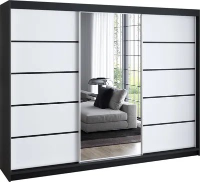 Produktbild von Schwebetürenschrank 200 cm, 3-türig, mit Spiegel & 4 Schubladen, Retro-Stil, modern, in Weiß/Schwarz/Sonoma – Kleiderschrank VILUNO 2