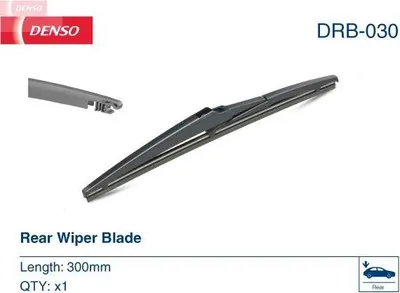 A product image of a rear wiper blade with branding and product information.