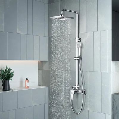 Produktbild von Duschsystem mit Einhebelmischer Duscharmatur,Verstellbare Duschstange und Eckige Kopfbrause, Regendusche mit Armatur, Silber