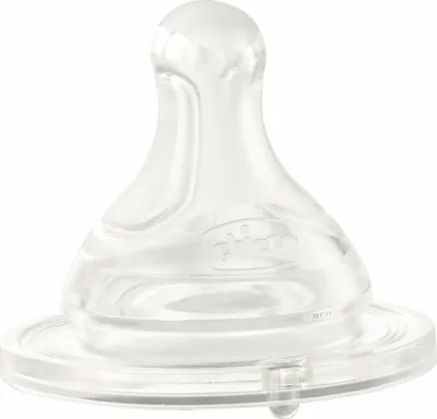 A close-up studio shot of a clear silicone baby bottle nipple.