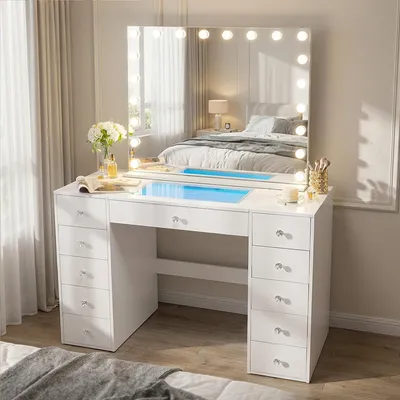 Image de VANITII Coiffeuse avec miroir de maquillage 100 cm x 80 cm et plateau en verre, design élégant et moderne, finition blanche