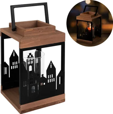 Immagine prodotto di ECD Germany Lanterna da giardino con portacandela e manico, 14x22 cm, naturale/nero, in legno, motivo città, lanterna decorativa a luce di vento, lanterna da giardino a luce di vento in legno lanterna a candela decorazione natalizia