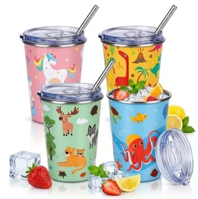 Zdjęcie produktu dla Kubek termiczny ze stali nierdzewnej pokrywką słomką zestaw 4 sztuki