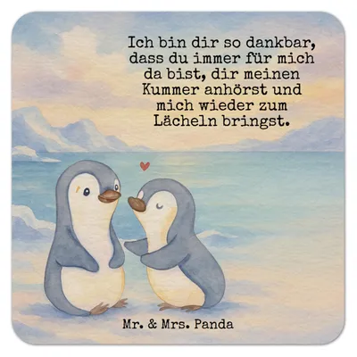 Produktbild von Mr. & Mrs. Panda Getränkeuntersetzer Pinguine trösten Design 100er Set - Weiß - Geschenk, für Frauen, Freundin, Bierdeckel, Tischuntersetzer, gläseruntersetzer, Partner