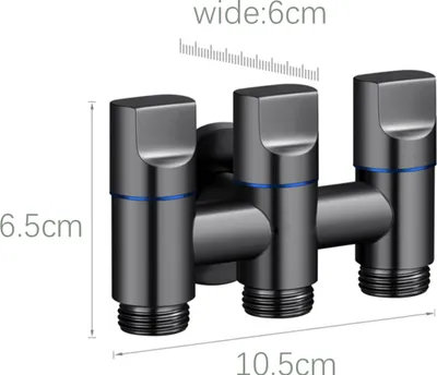 A close-up of a three-way faucet splitter with dimensions indicated.