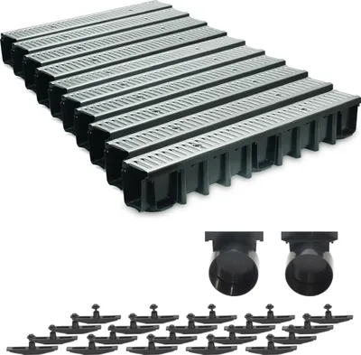 Produktbild von 10m Entwässerungsrinne Terrassenrinne Stahlrost verzinkt komplett SET, System A15 148mm, inkl. Zubehör