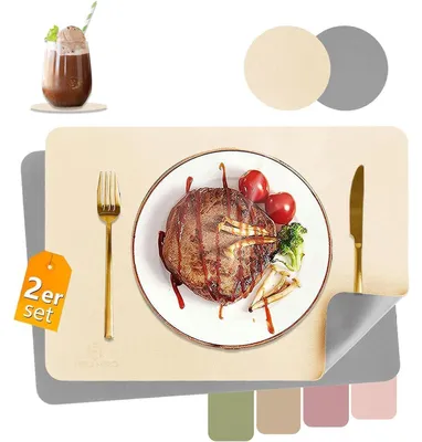 Produktbild von Tischsets Abwaschbar Lederoptik Hitzebeständig 2er Set Beige+Hazeblau 43x30cm inkl. Untersetzer