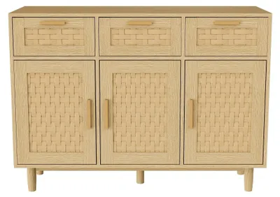 Zdjęcie produktu dla Komoda drewniana - Rattanowa komoda retro - 3 szuflady, 3 drzwiczki - Solidne drewniane nogi - Do salonu i sypialni - Beżowa