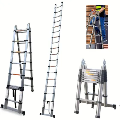 Image de Échelle télescopique - Échelle extensible - Échelle pliante - Échelle en A - Échelle de chantier - Hauteur : 5 mètres