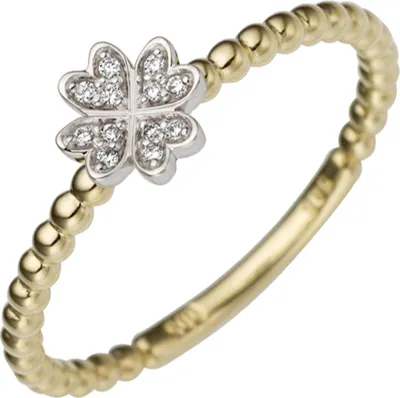Produktbild von Gr. 58 Damen Ring Kleeblatt 585 Gold Gelbgold Weißgold bicolor 12 Diamanten Brillanten