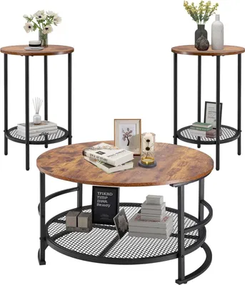 Image de Ensemble de tables basses - 3 pièces rondes - 1 table basse Ø 80 x 46,5 cm - 2 tables d'appoint Ø 40 x 60 cm - Pieds métalliques stables - Peu encombrant - Style industriel