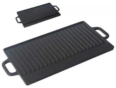 Produktbild von Grillplatte aus Gusseisen 50x23,5cm Wendeplatte emailliert Grillpfanne Burgerplatte BBQ Plancha für Gasgrill Holzkohlegrill Herd Backofen Lagerfeuer geriffelt glatt schwarz