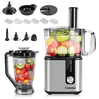 A food processor and blender set with various attachments, displayed on a white background.
