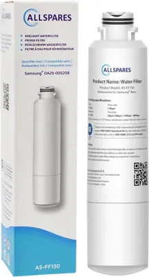 A product box and a water filter are shown side-by-side against a white background.