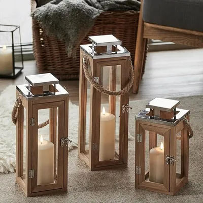 Imagen del producto de Linterna de madera Salcombe de la marca 3er Set, con vela LED TruGlow® y temporizador