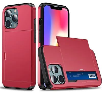 Produktbild von Mobigear Card iPhone 14 Hülle, Hartschalenhülle, Rückseite, stoßfest mit Kartenhalter - Rot